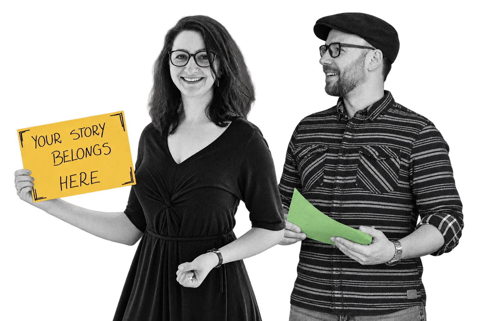 Two Mental Bytes photo cutouts: a woman on the left holding a yellow Your story belongs here sign, and a man on the right holding a green poetry page